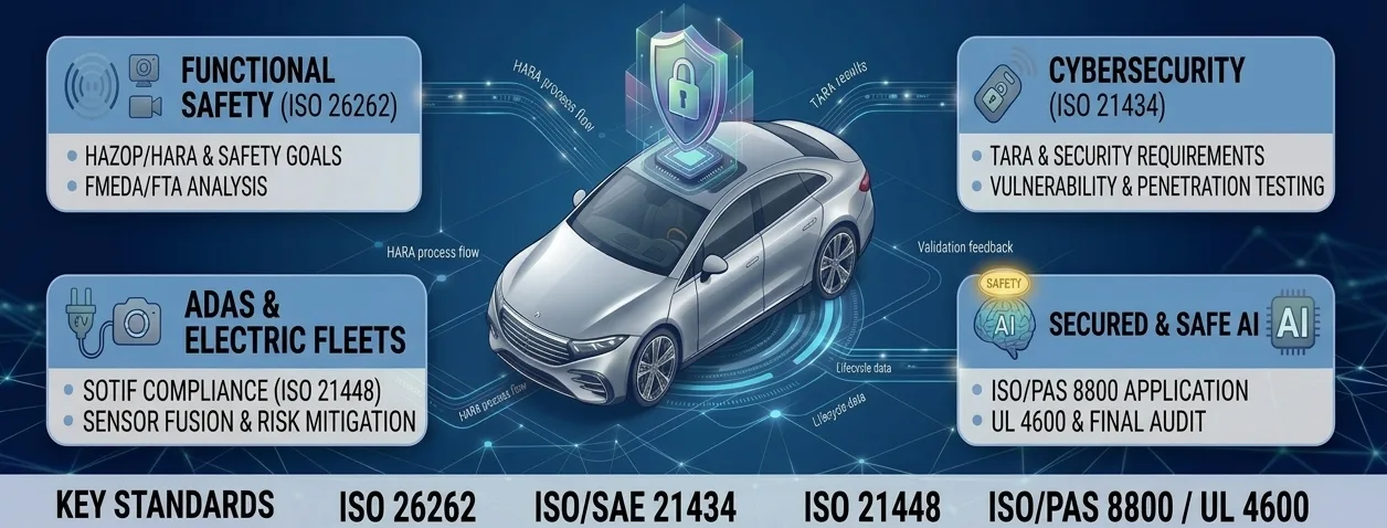 Automotive functional safety and cybersecurity engineering for ADAS and EV platforms